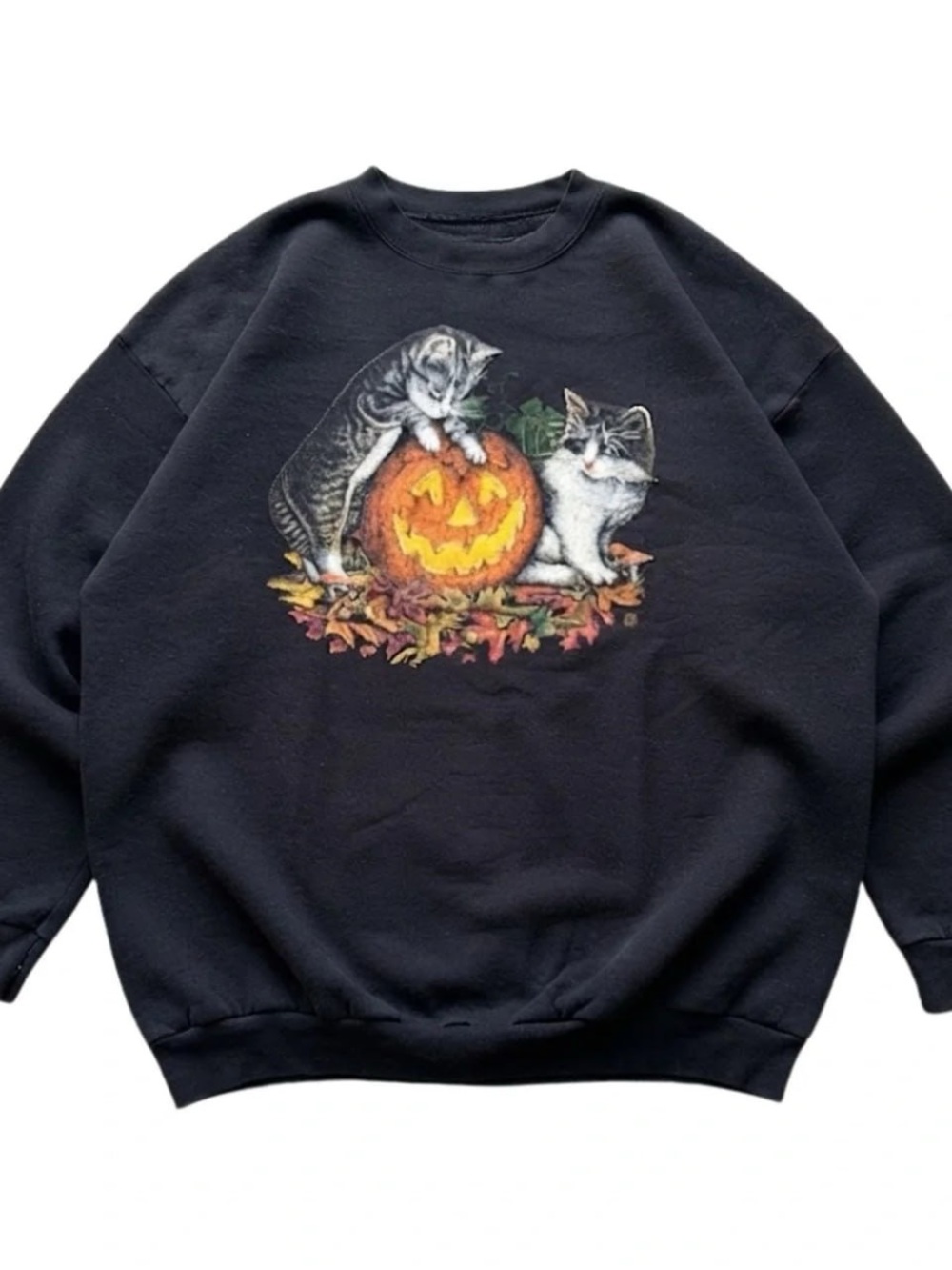Gildan Black Crewneck Sweatshirt with Halloween Cat & Pumpkin Graphic
